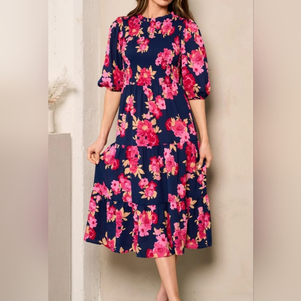 Sugarlips Maeve Floral Frazier Smocked Tiered Midi Dress (Navy/Pink)